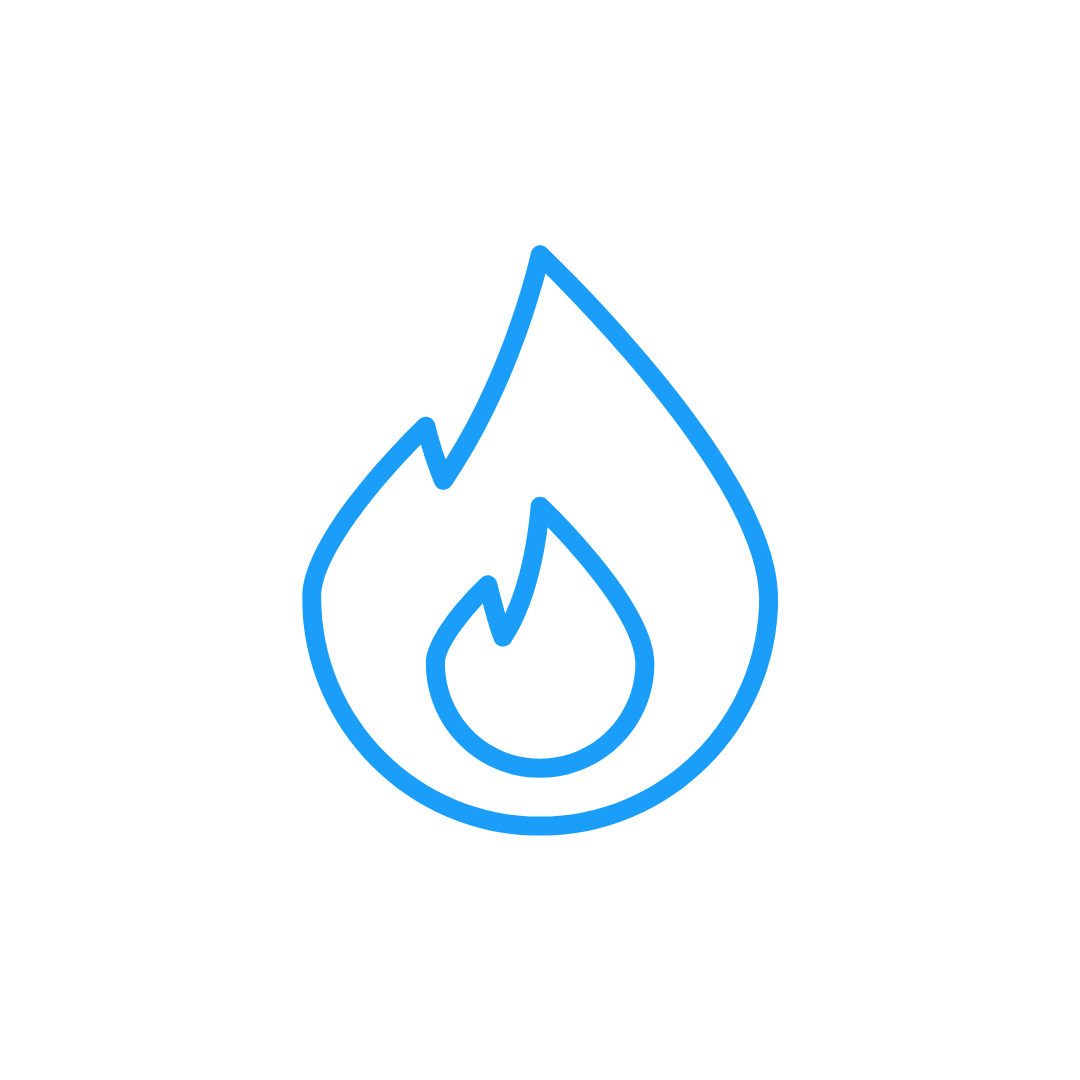 Blue outline of a flame with a water droplet inside, on a transparent background, symbolizing authenticity. One of the pillars of Caitlin Krause's Three-A Consulting Framework: Advancement.