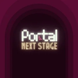 Neon sign reading 'Portal Next Stage' against a dark, arched background.