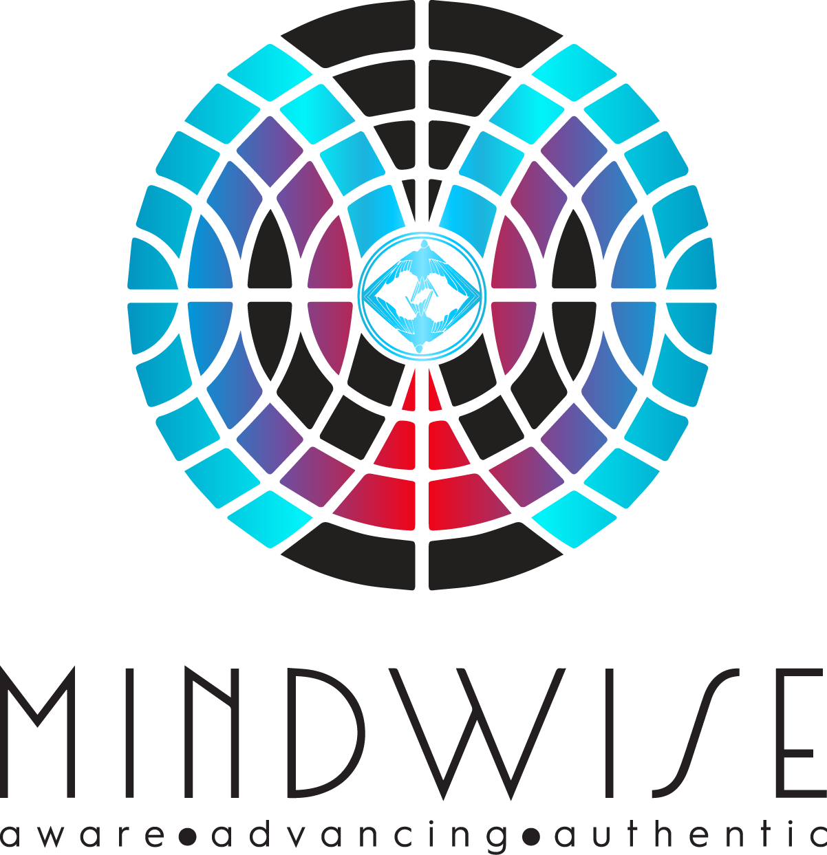MinWise Logo, A stylized, colorful logo featuring a shield with a red flame at the bottom, surrounded by a blue and purple gradient design, with the text 'MindWise' below.