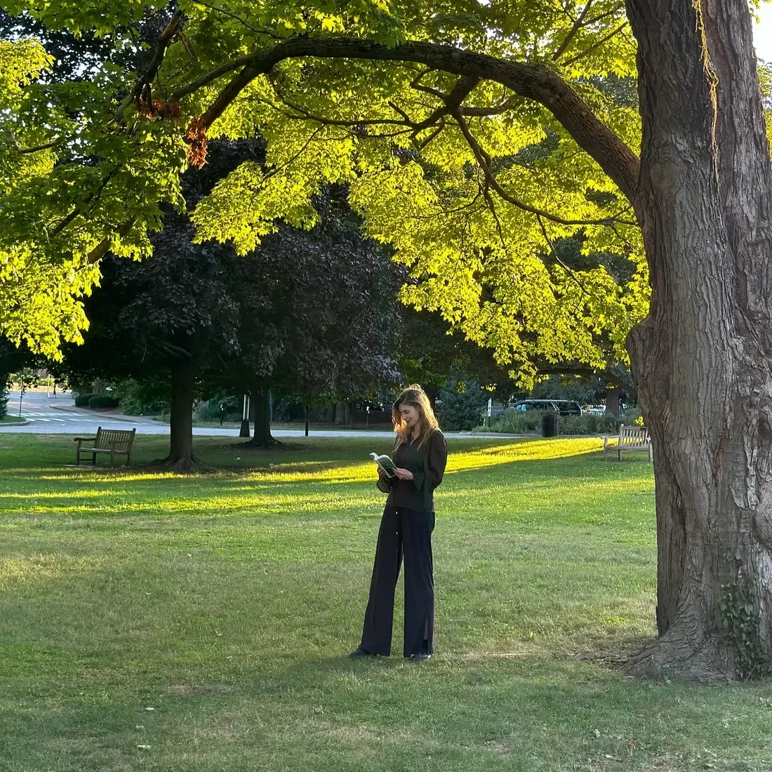 A woman (Caitlin Krause, author, keynote speaker) standing on grass in a park, reading a book, under a large tree with green and yellow leaves during late afternoon.