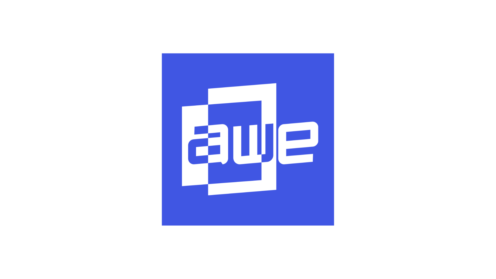 Awe logo with white text and geometric shapes on a blue background