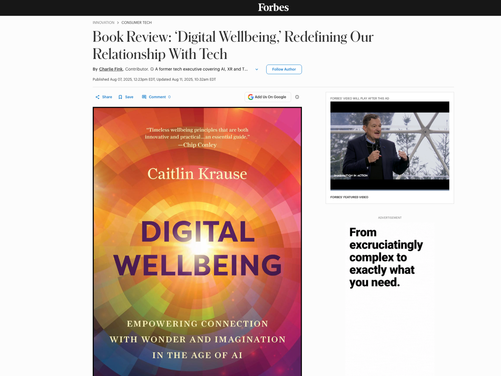 Cover of a book titled 'Digital Wellbeing' by Caitlin Krause, with a subtitle about empowering connection with wonder and imagination in the age of AI, on a colorful, radiant background.