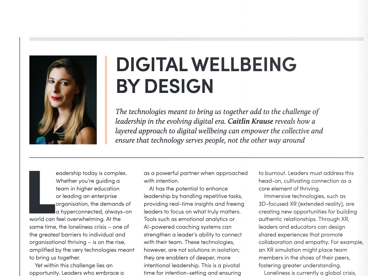An article titled 'Digital Wellbeing by Design' featuring a woman (Caitlin Krause, author, keynote speaker) with long blonde hair and a black top, with text discussing digital wellbeing, leadership, and technology.