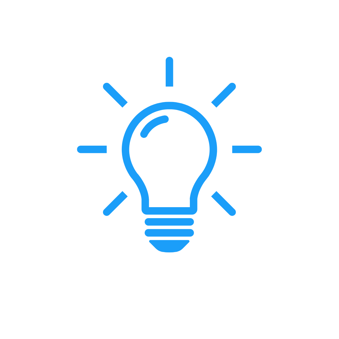 Blue outline illustration of a light bulb with rays emanating from it, symbolizing an idea or innovation. One of the pillars of Caitlin Krause's Three-A Consulting Framework: Awareness.
