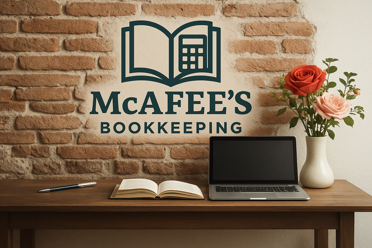 Desk with McAfee's Bookkeeping Logo in front of brick wall