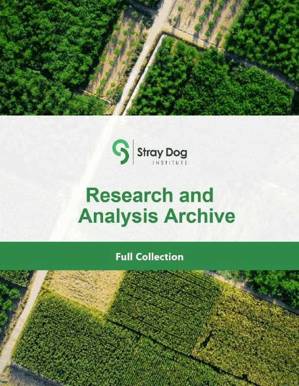 Aerial view of a forest with a dirt path running through it, and a cover page for the 'Stray Dog Institute Research and Analysis Archive' with green and white design elements.