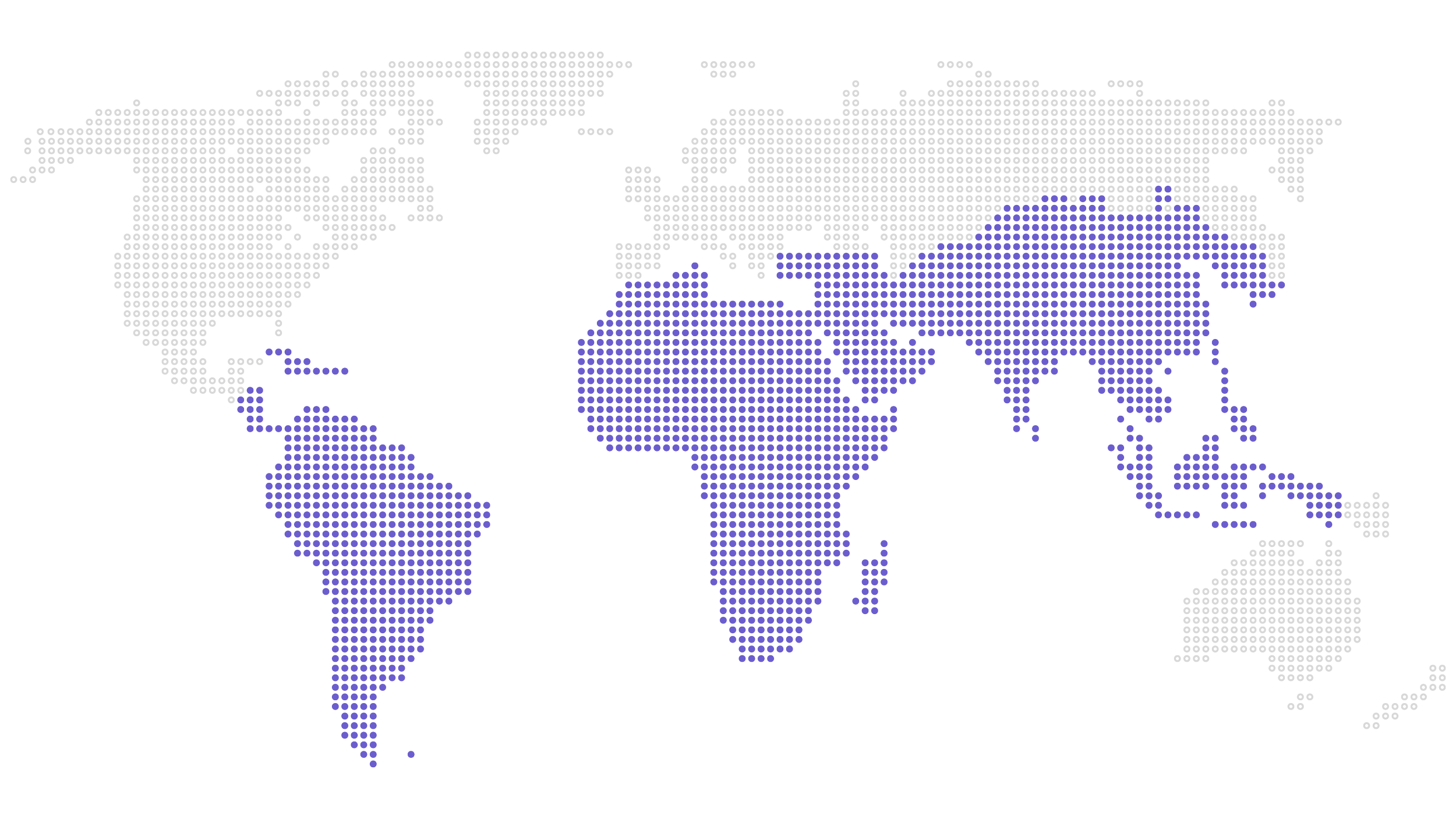 A world map made of small dots on a black background, with continents colored in white and purple.