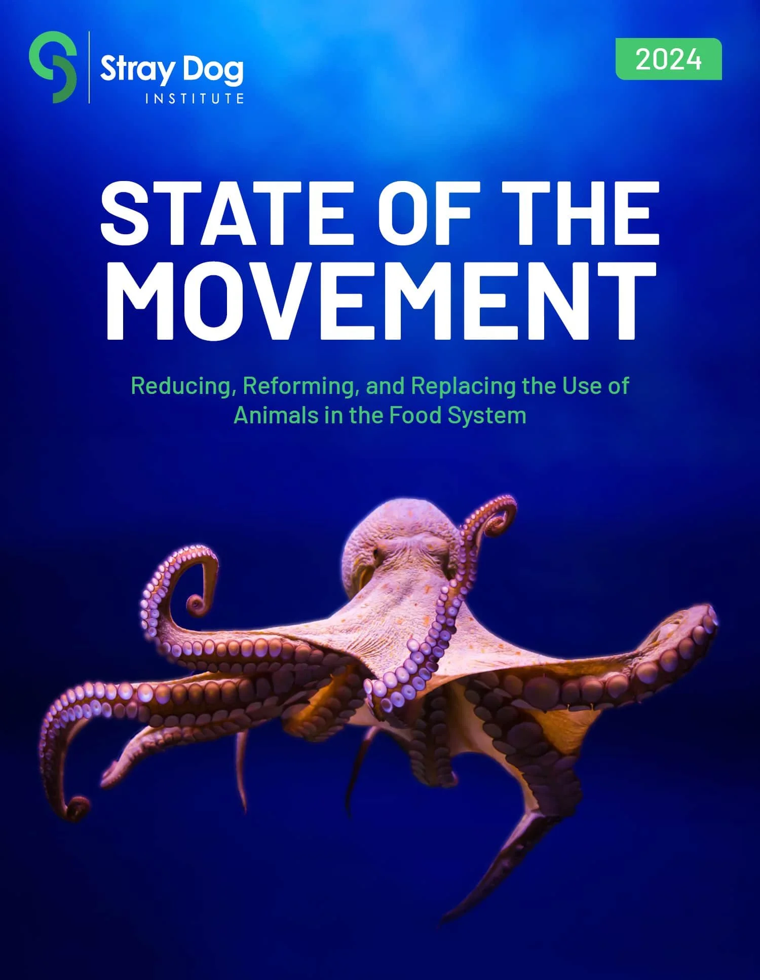 Cover of a report titled 'State of the Movement' by the Stray Dog Institute, 2024, with an image of an octopus underwater.