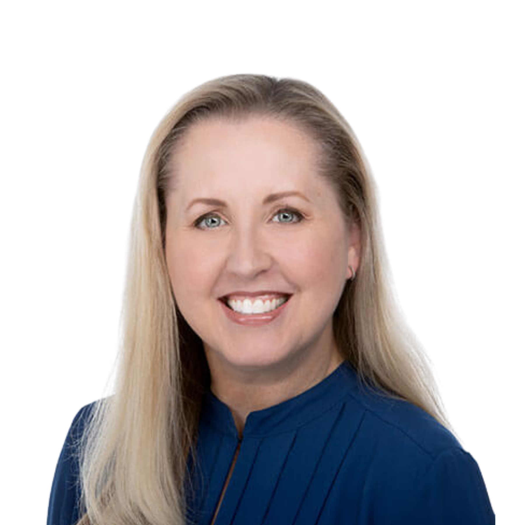 Close-up of a smiling woman with long blonde hair, wearing a dark blue top, against a black background.