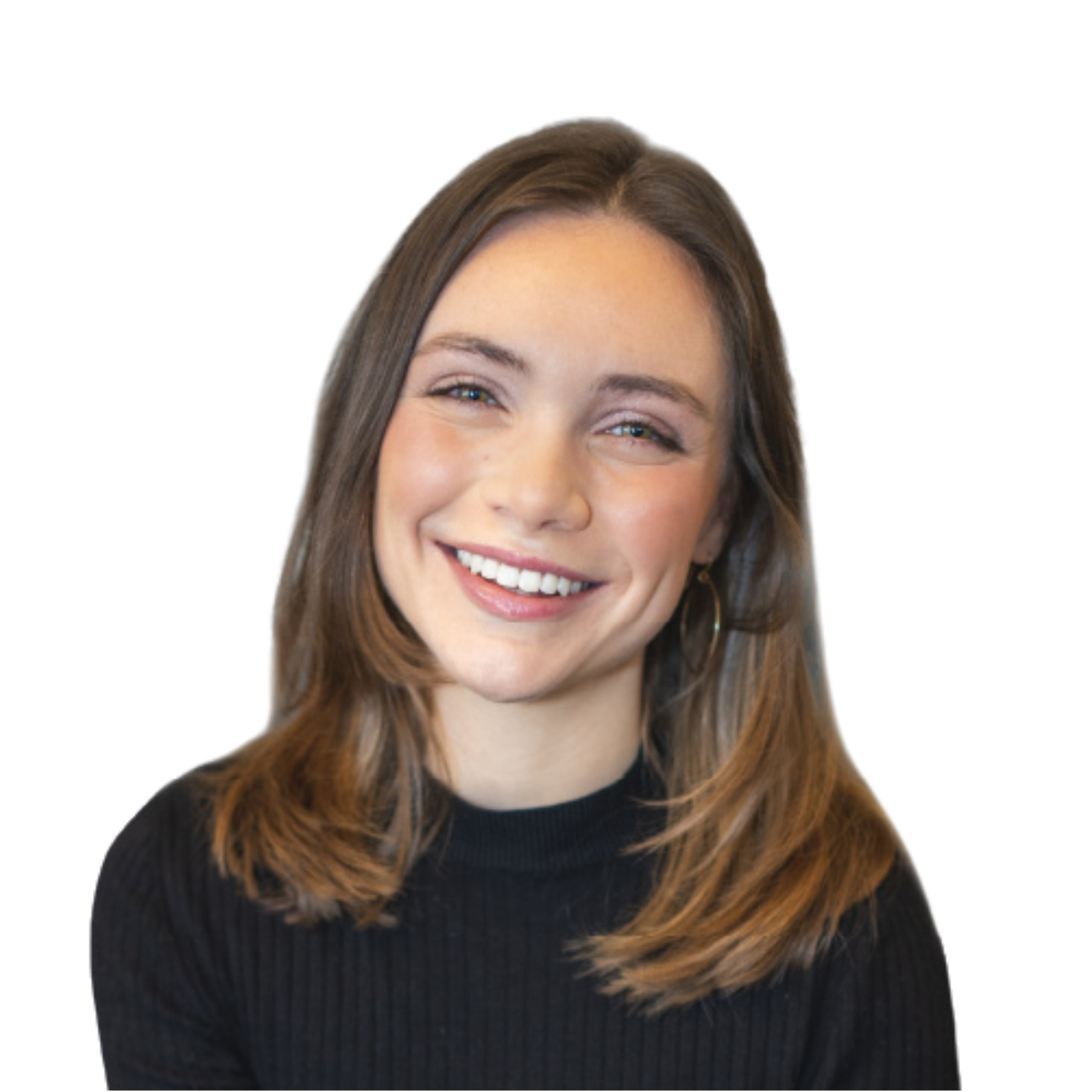Close-up of a woman with long light brown hair, smiling, wearing a black top.