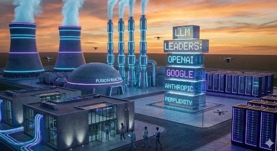 Futuristic industrial facility with cooling towers emitting steam, high-tech buildings, and large holographic screens displaying AI-related terms.