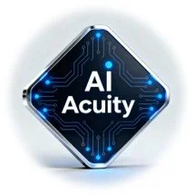 Close-up of a tech device with a digital display showing the words 'AI Acuity' surrounded by circuit-like graphics.