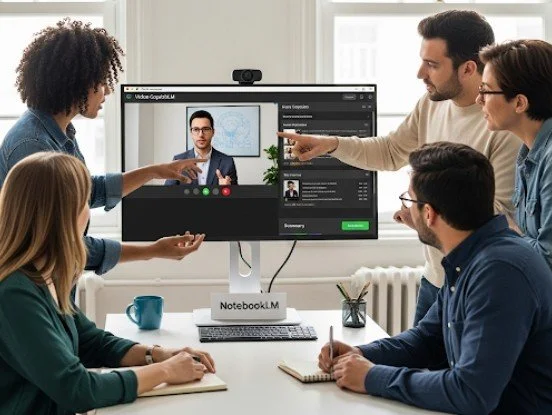 Group of five people in an office room during a video conference; three are standing and two are seated, with a large monitor displaying a man in glasses and a suit talking.