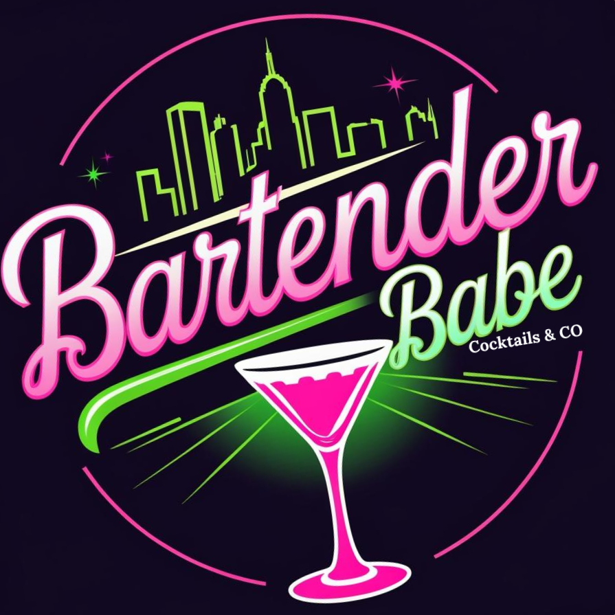 Neon sign for 'Bartender Babe Cocktails & Co' with a city skyline at night, a pink cocktail glass, and bright neon lights in pink, green, and purple.