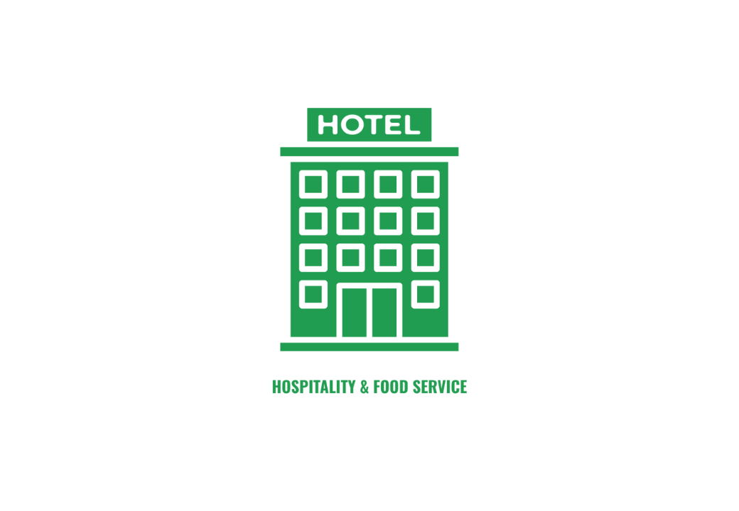 A green icon of a hotel building with multiple windows, a sign reading 'HOTEL' on top, and text below that says 'Hospitality & Food Service' on a black background.