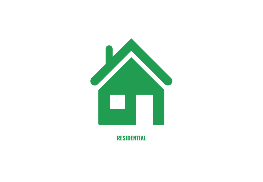 Green icon of a house with the word 'RESIDENTIAL' below it.