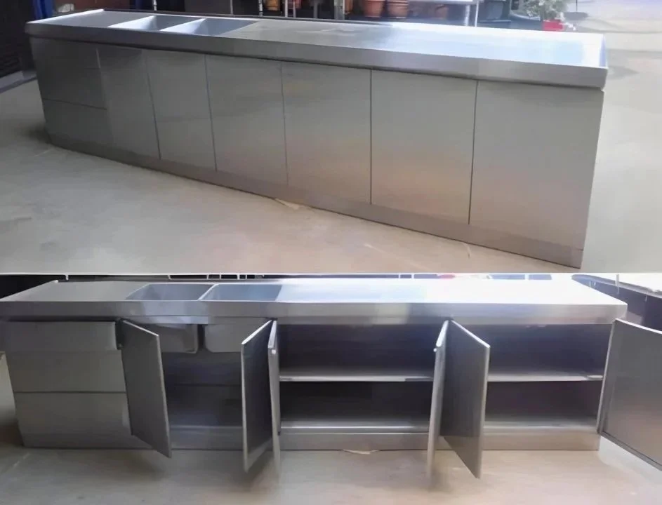 Stainless steel commercial kitchen counter with storage cabinets and open doors, shown from different angles.