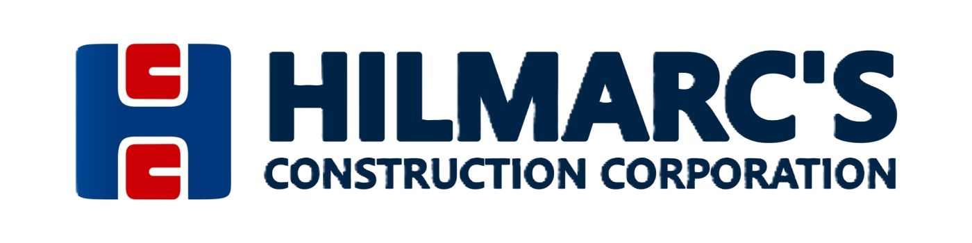 Hilmar's Construction Corporation logo featuring a blue and red emblem on the left and bold navy blue text to the right.