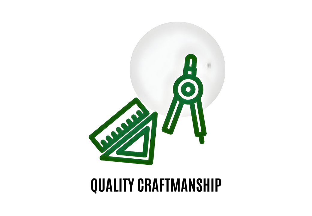Design with a white sphere, green drafting tools including a ruler and a set square, and the text "Quality Craftsmanship."