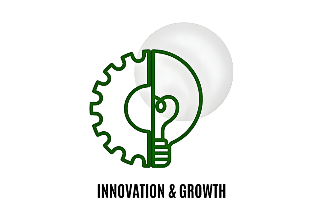 A logo featuring a light bulb with a gear and a sports court inside it, and the words 'Innovation & Growth' below.