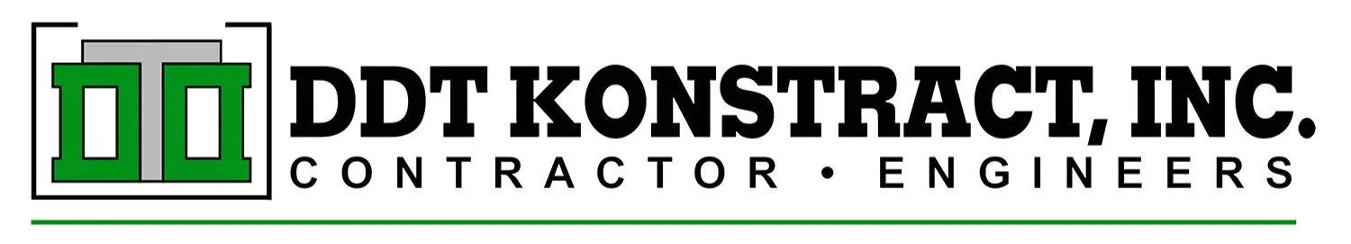 Logo for DDT KONSTRACT, INC. Contractor Engineers featuring a green and black graphic element and black text.