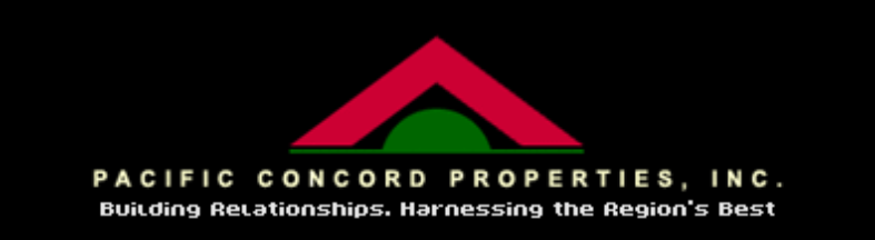 Logo of Pacific Concord Properties Inc. with a pink triangle and green hill, and the slogan 'Building Relationships. Harnessing the Region's Best'.