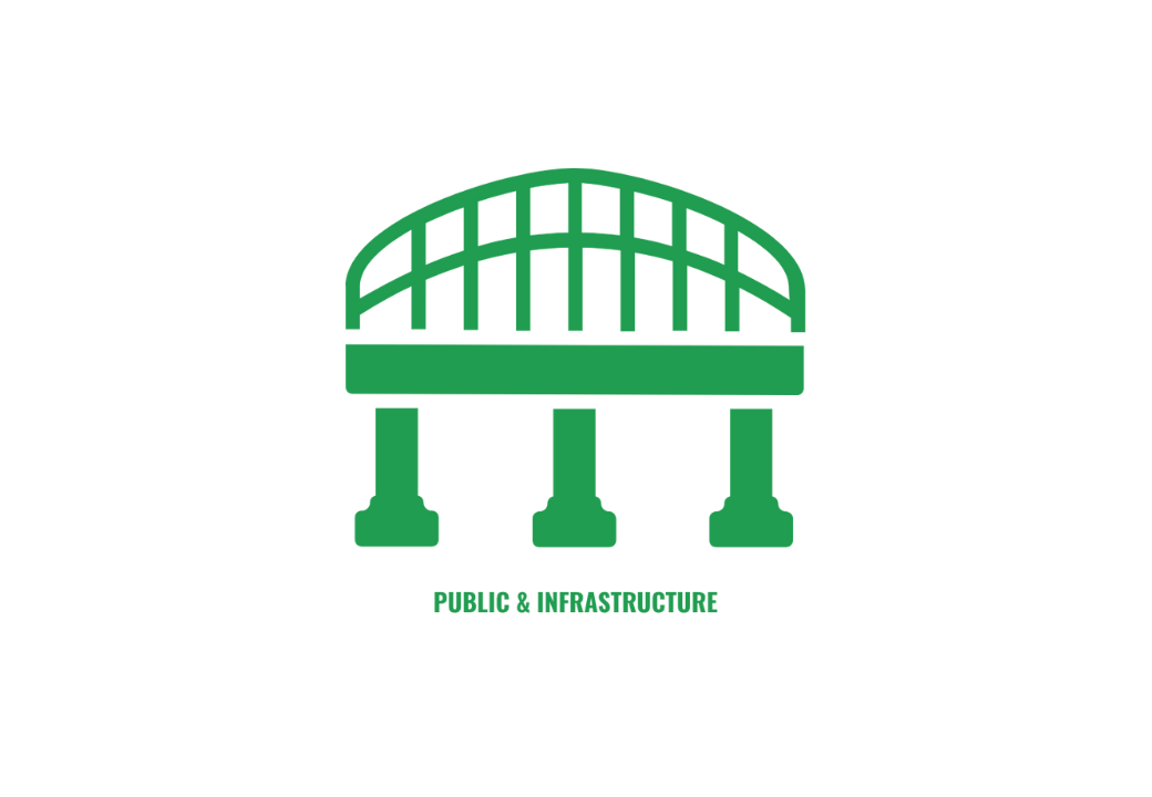 Green outline of a bridge with three supports and the text "Public & Infrastructure" underneath.