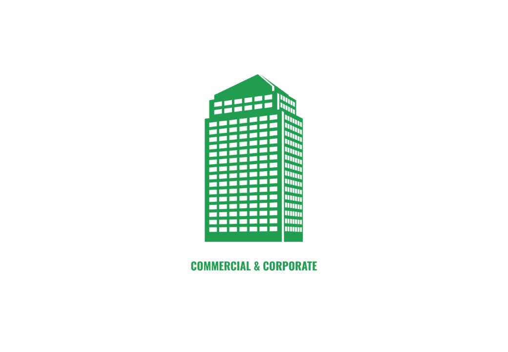 Green logo featuring a tall office building with the words 'Commercial & Concrete' beneath it.