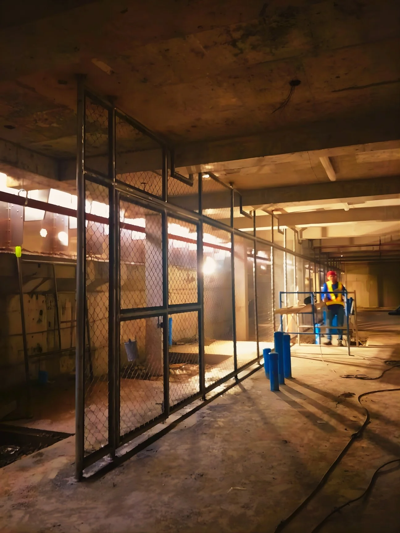 Construction site with a worker in safety gear inside a partially built structure with metal fencing and concrete floors.