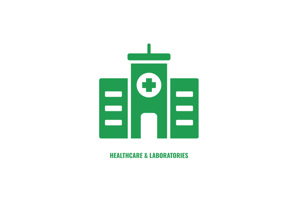 Green icon of a hospital building with a medical cross and the text "HEALTH CARE & LOGISTICS" below.