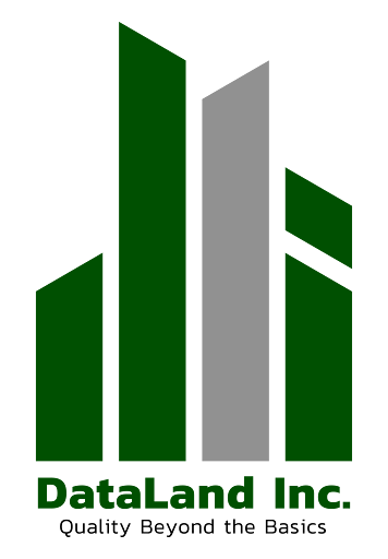 Logo of DataLand Inc. featuring stylized green and gray bars resembling a bar chart with the company name below.