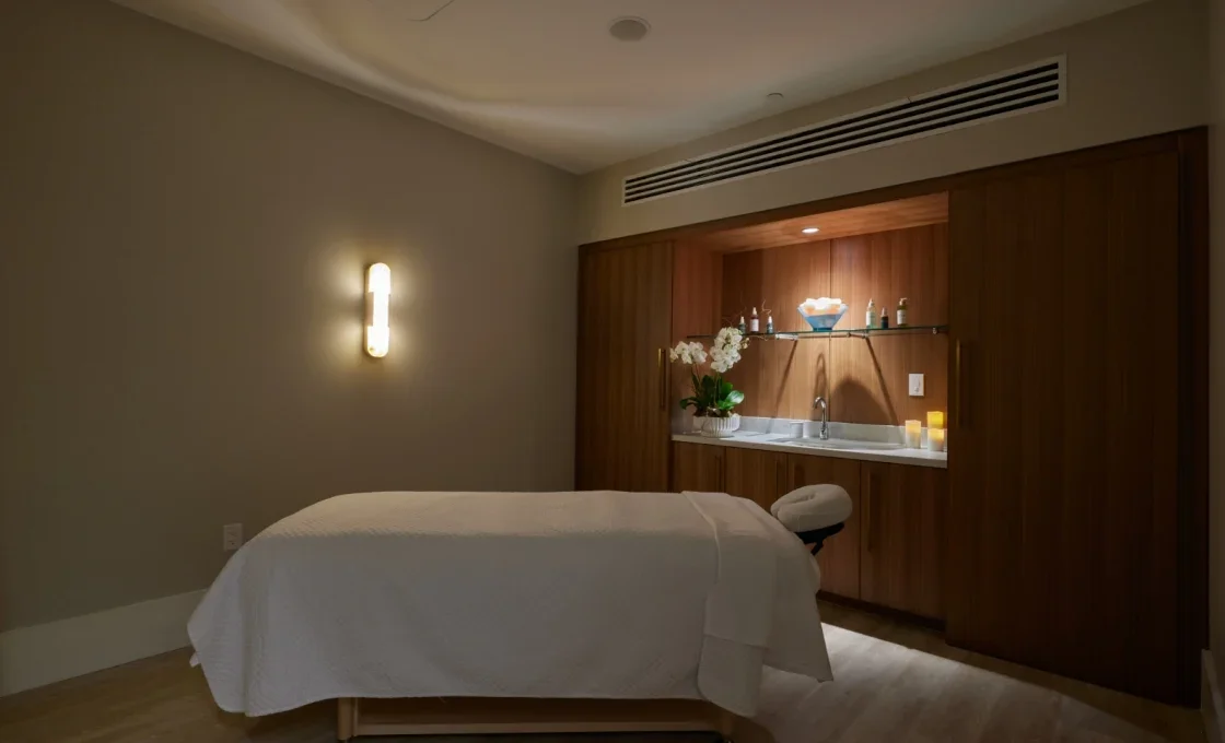 Spa room with a massage table, a small sink area with a plant and candles, and wooden wall paneling.