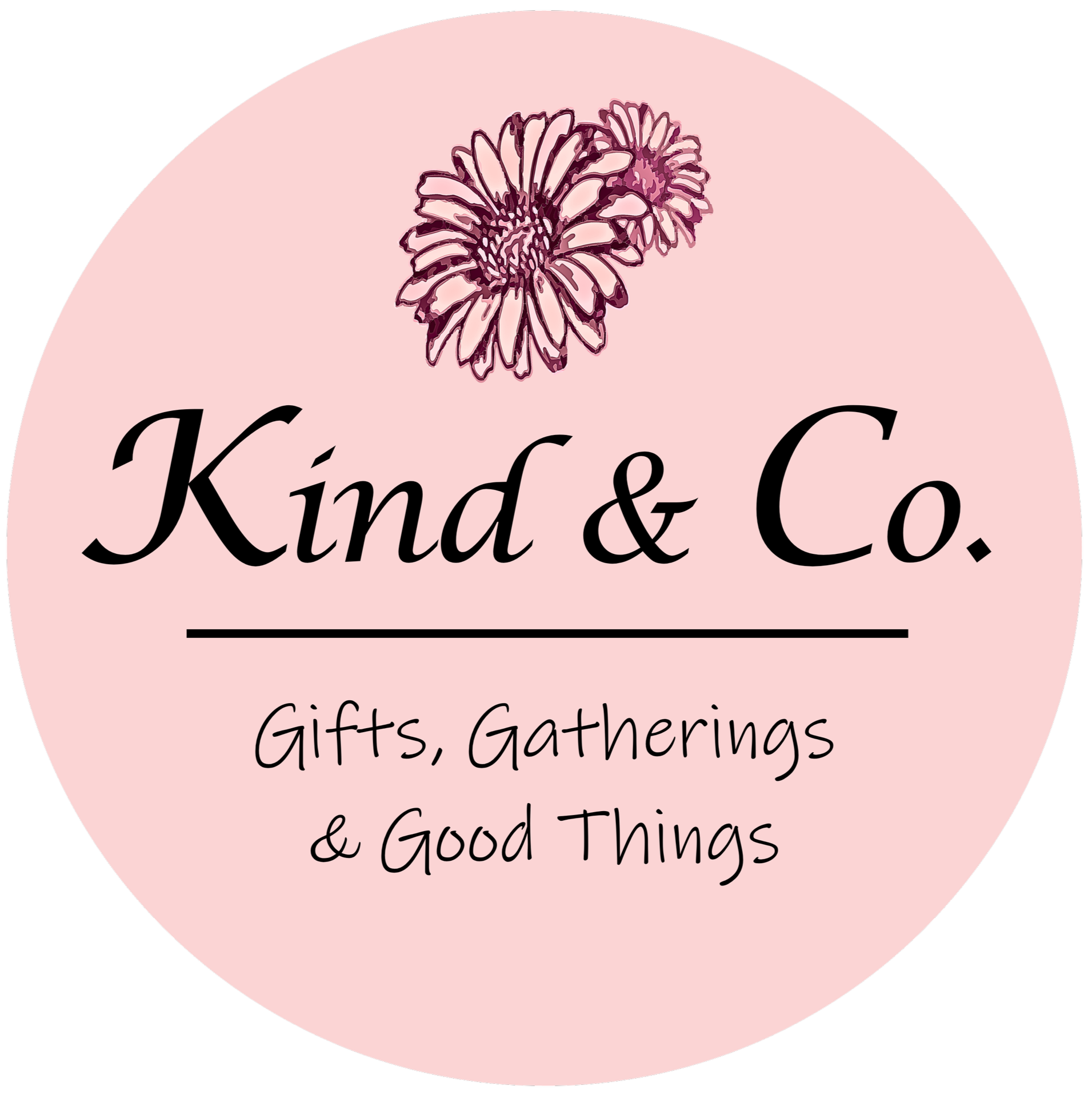 Pink circular logo with black and purple floral design at the top. Text in elegant black cursive that reads 'Kind & Co.' followed by smaller black cursive text that says 'Gifts, Gatherings & Good Things'.
