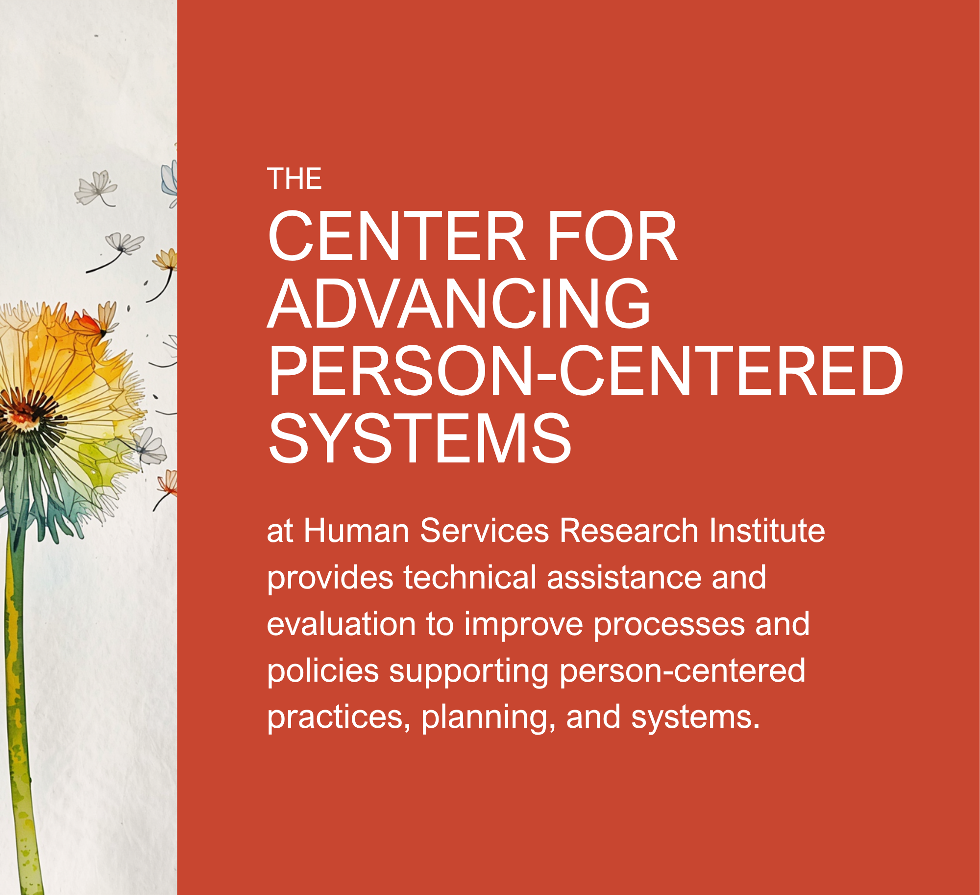 Partial view of a banner with a floral illustration on the left and a red background on the right, featuring white text promoting a center for advancing person-centered systems at Human Services Research Institute.