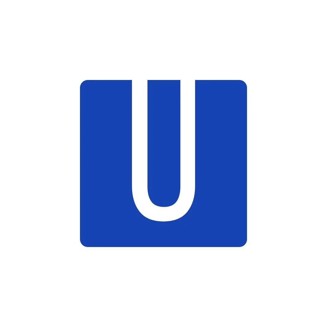 Simbolo blu con la lettera U bianca al centro.