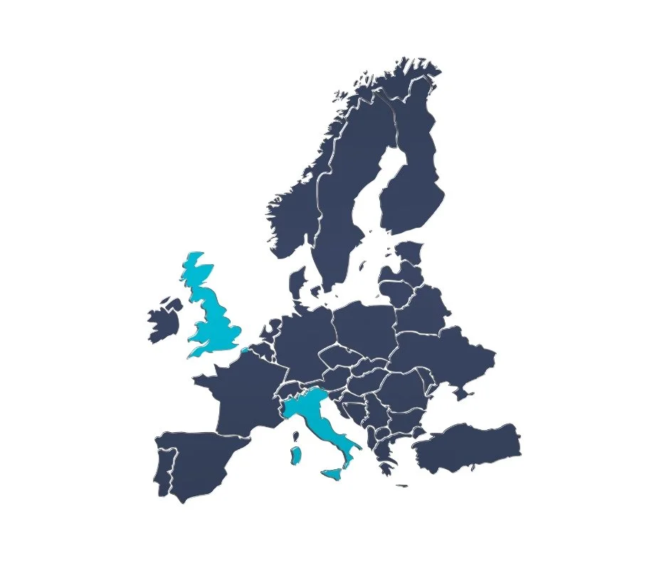 Mappa dell'Europa con alcuni paesi evidenziati in blu, tra cui Regno Unito, Italia, e nella mappa.