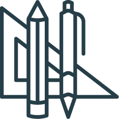 Line art illustration of a pencil, pen, and ruler