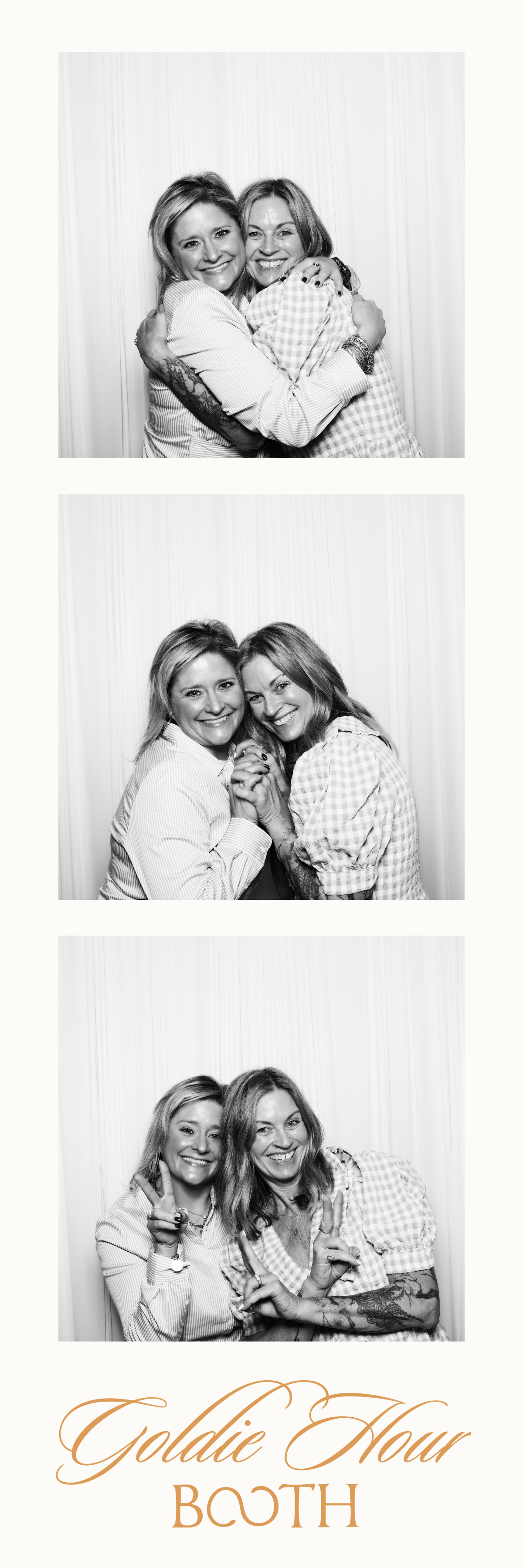 A three-photo photo booth strip featuring two women smiling and hugging, then holding hands, and posing with peace signs. The bottom of the strip has the text "Goldie Hour BOUTH" in a decorative font.