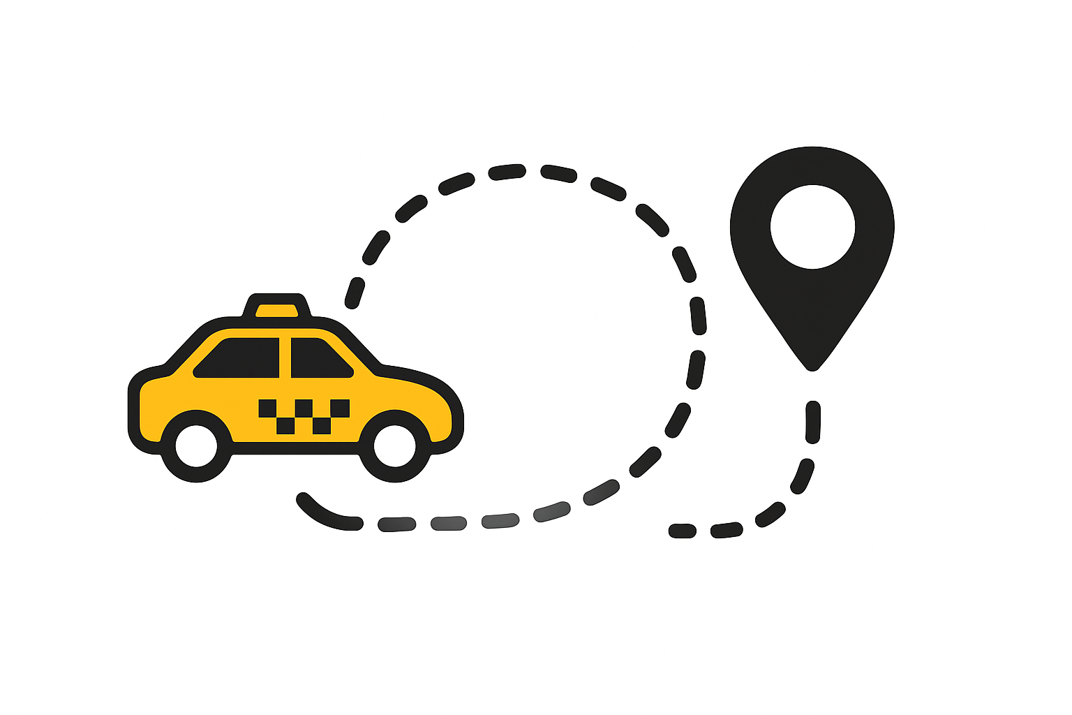 Symbole d'une voiture de taxi avec une ligne pointillée menant à une icône de localisation sur fond blanc.