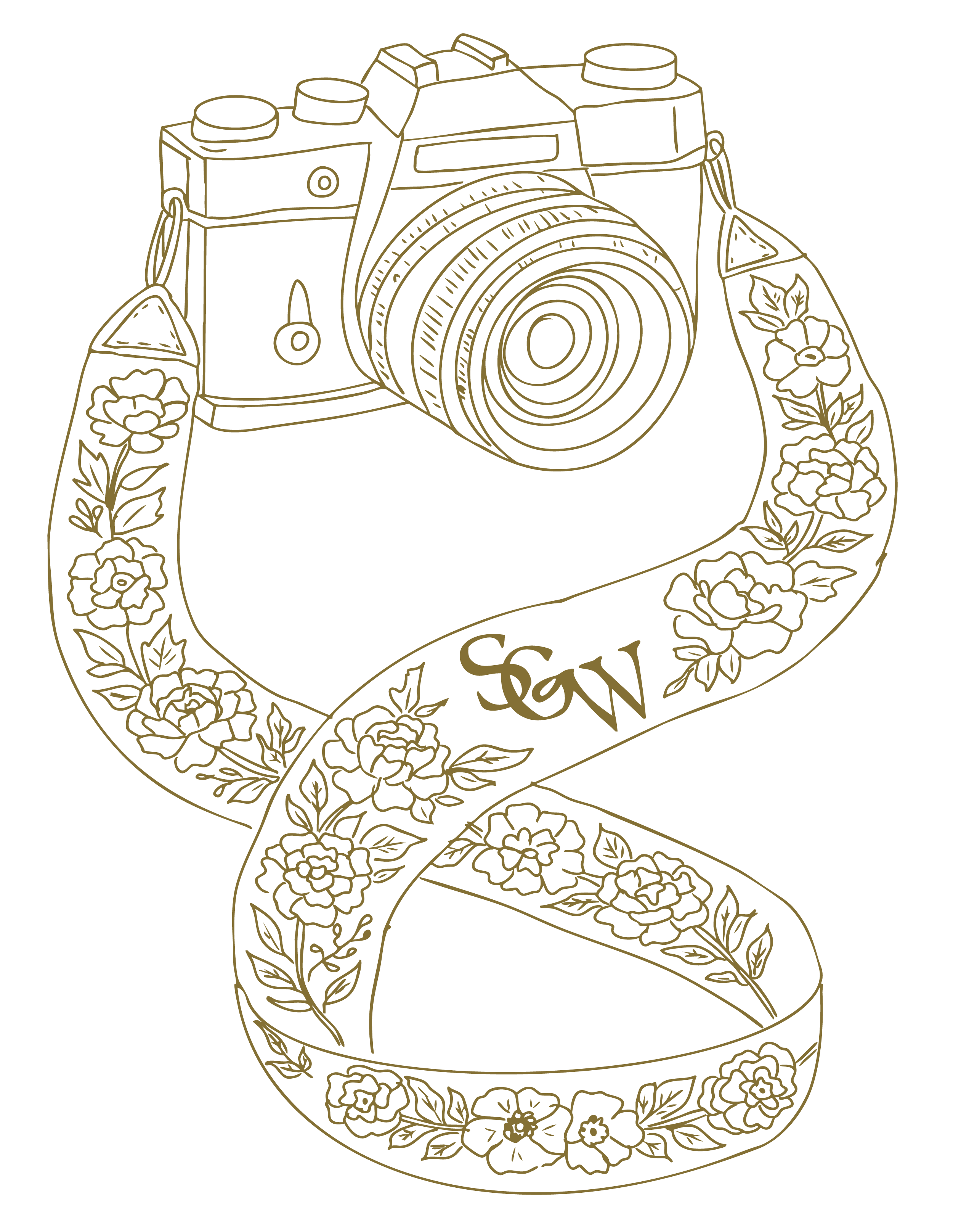 Gold outline drawing of a camera with a floral-patterned strap on a black background.