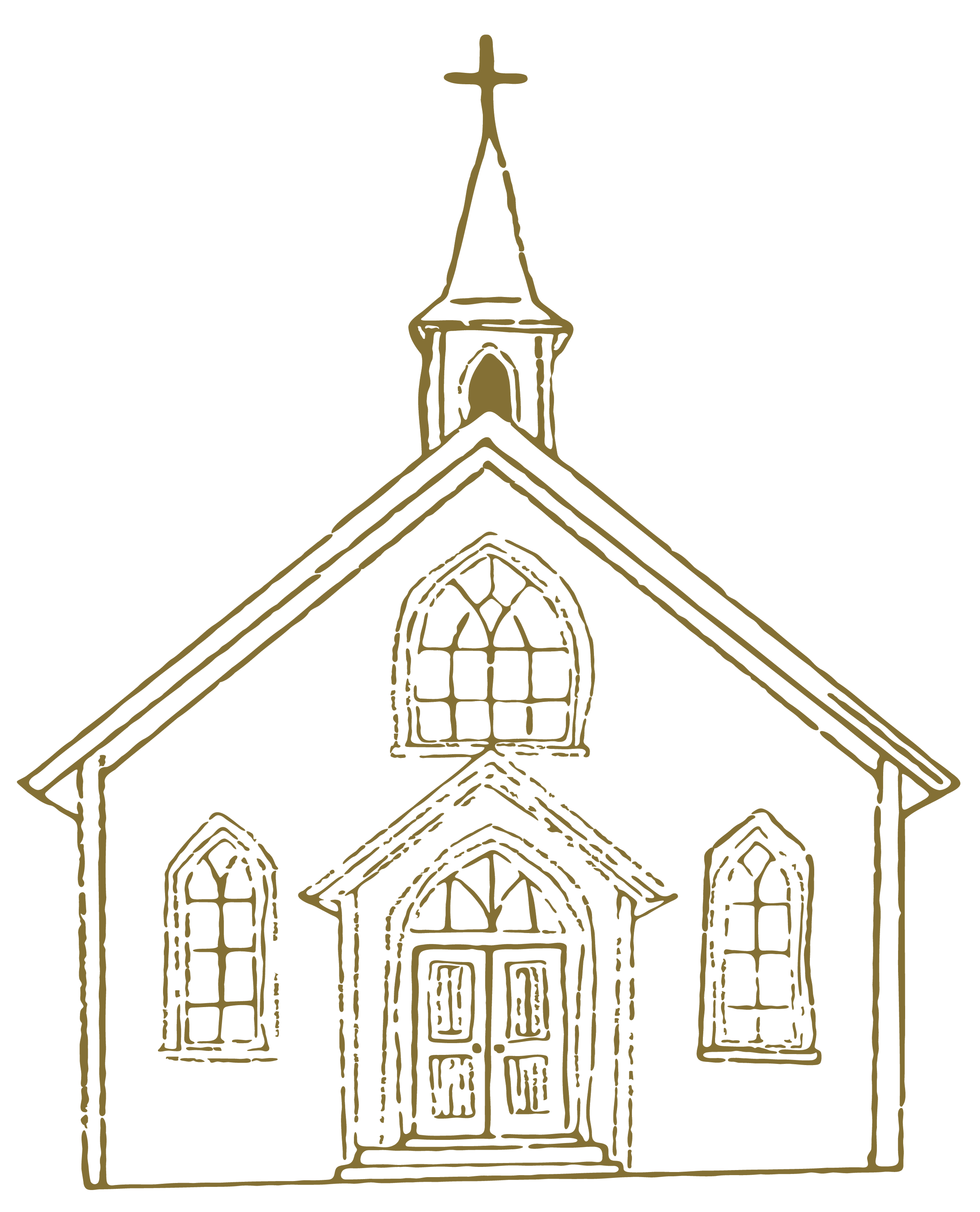 Line drawing of a church with a steeple and arched windows.