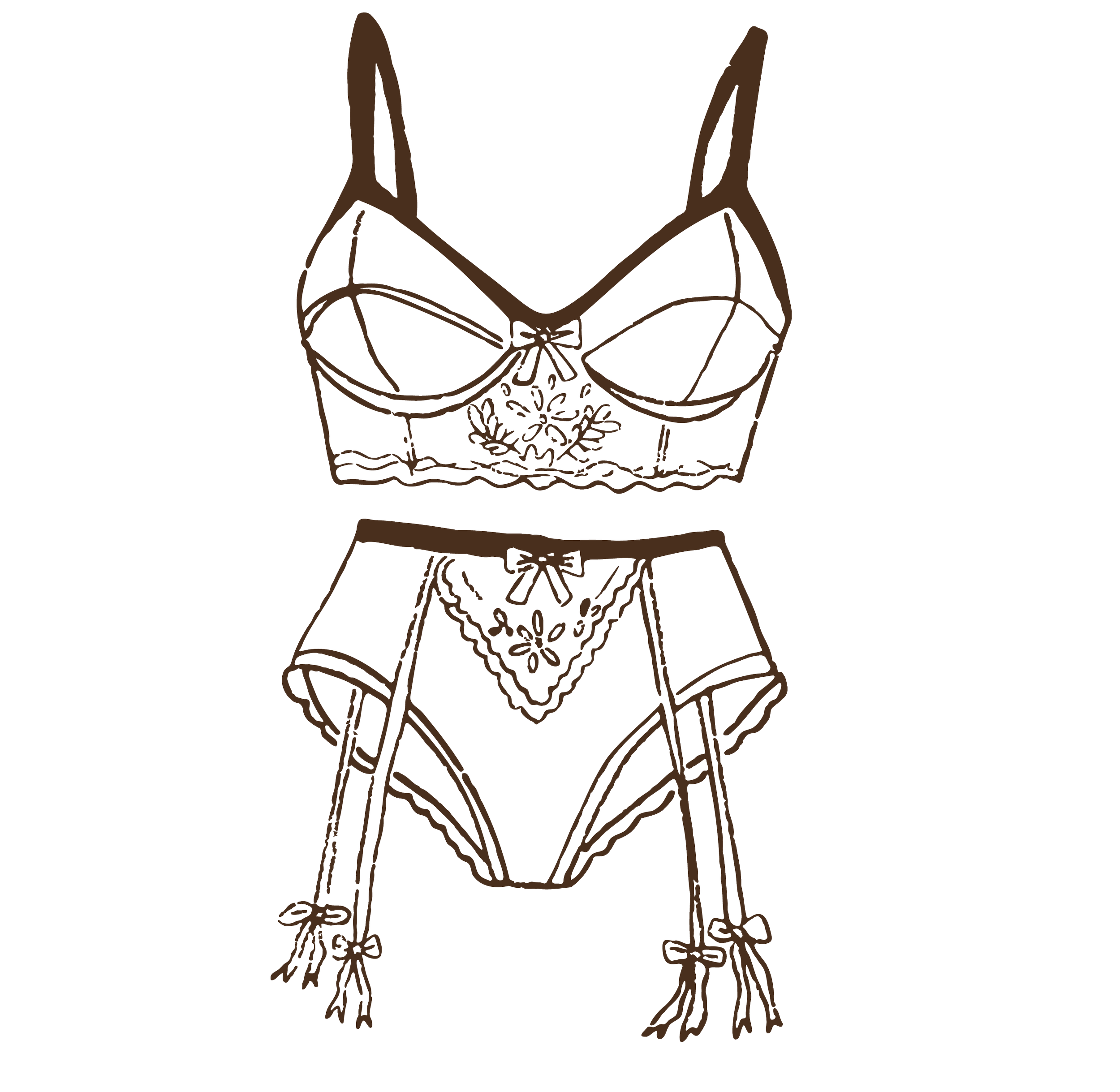 Outline drawing of a lingerie set, including a bra and matching panties, with floral and bow details.
