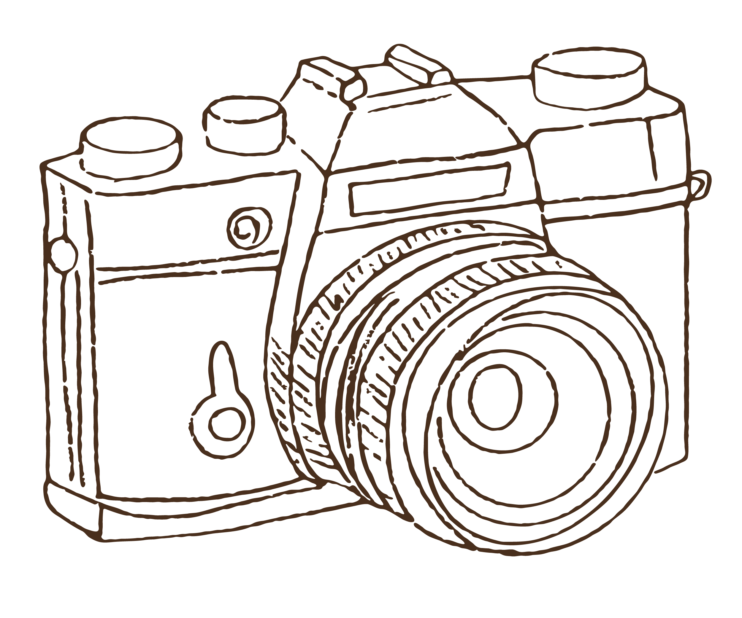 Line drawing of a vintage camera with a large lens and viewfinder.