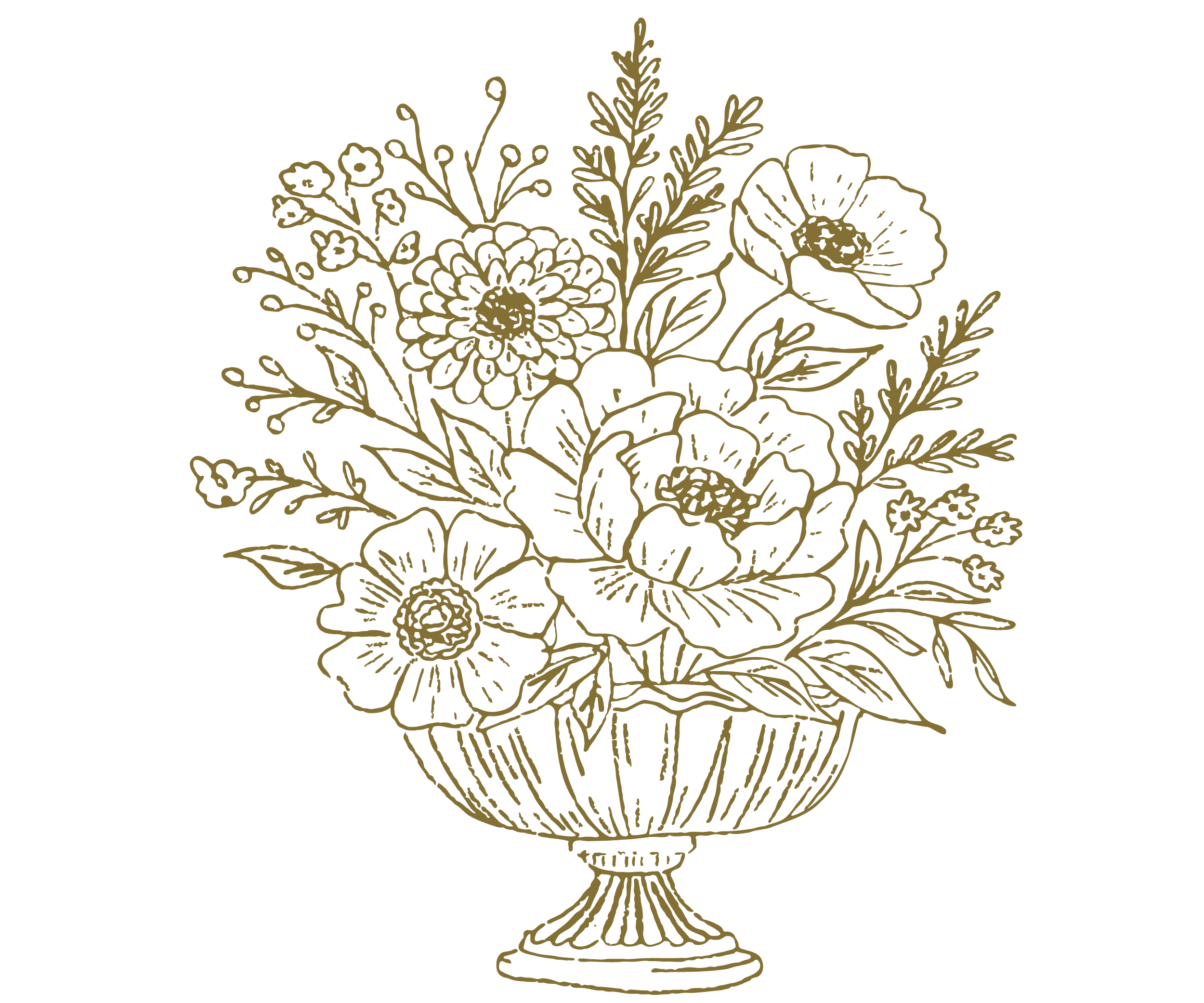 Line drawing of a floral arrangement in a vase, featuring large flowers, smaller flowers, and leafy branches.