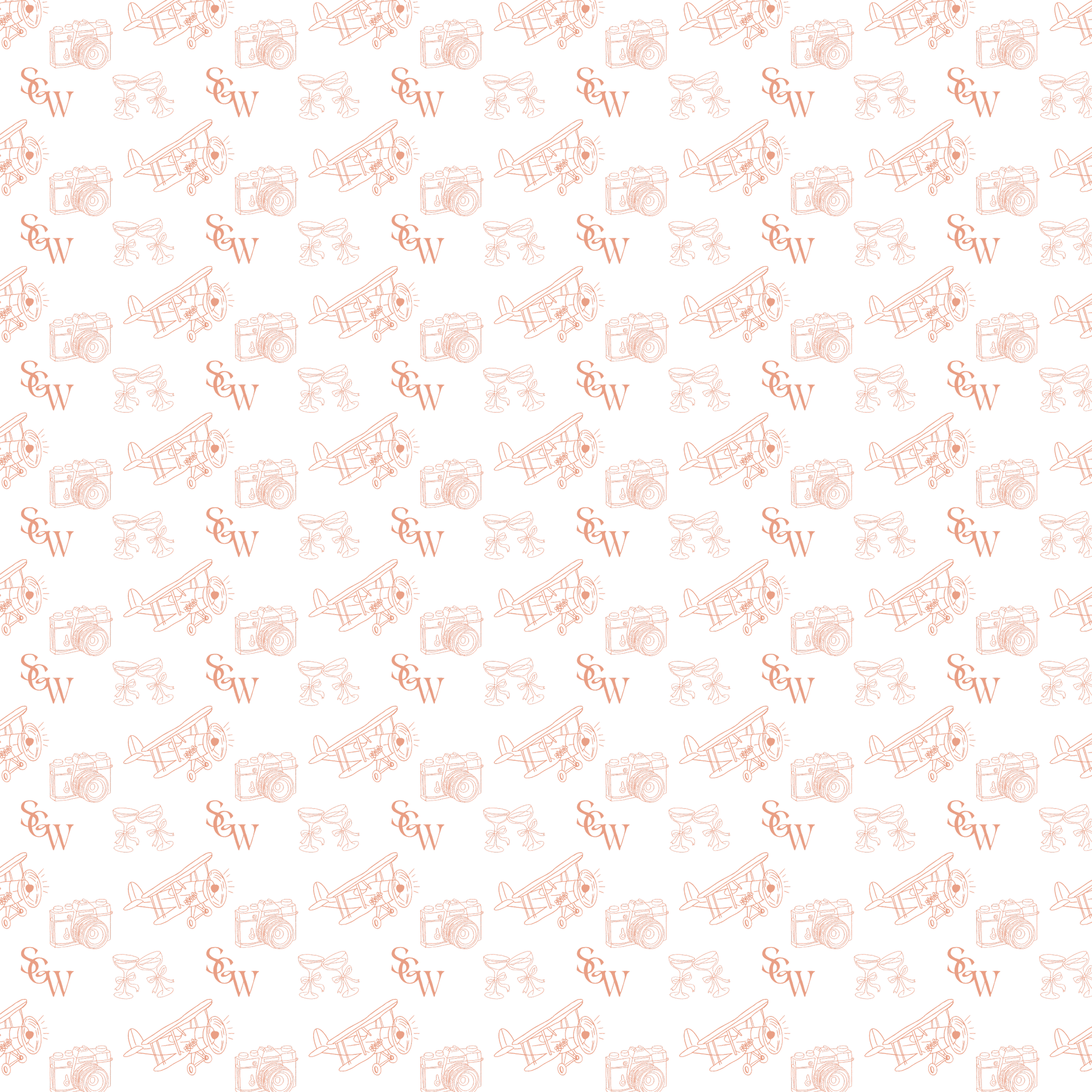 Seamless pattern with illustrations of vintage cameras, airplanes, cocktail glasses with a lemon twist, and the letters 'SGW' in pink on a black background.