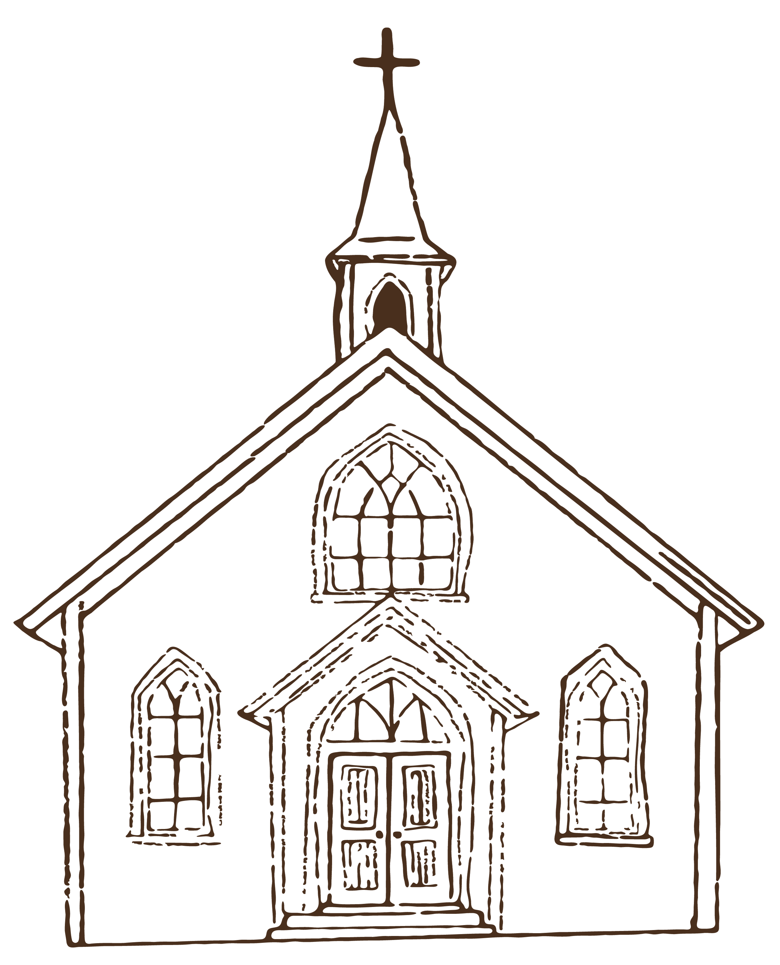 A simple line drawing of a church with a steeple, four arched windows, and a double door entrance.