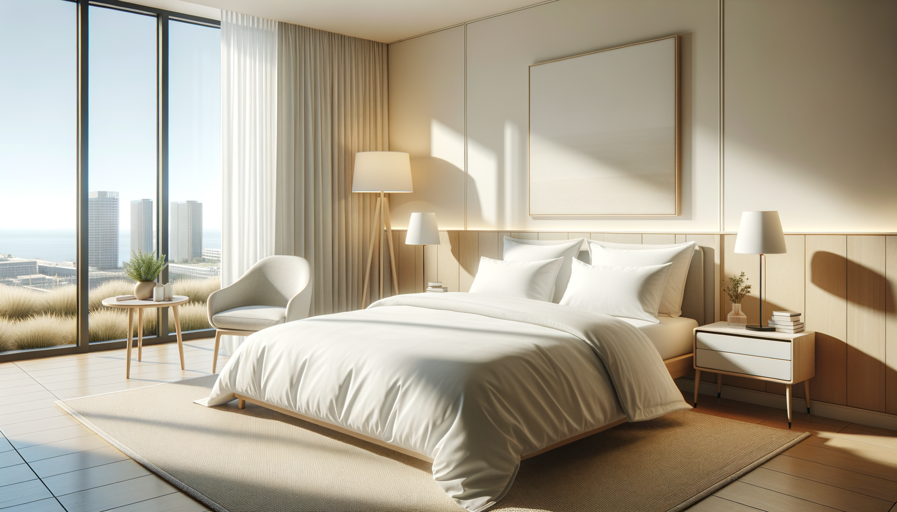 Bright, modern hotel bedroom with large floor-to-ceiling windows, a white bed with multiple pillows, white bedside table with books and a lamp, a cozy armchair, and a small table with a potted plant, overlooking a cityscape.