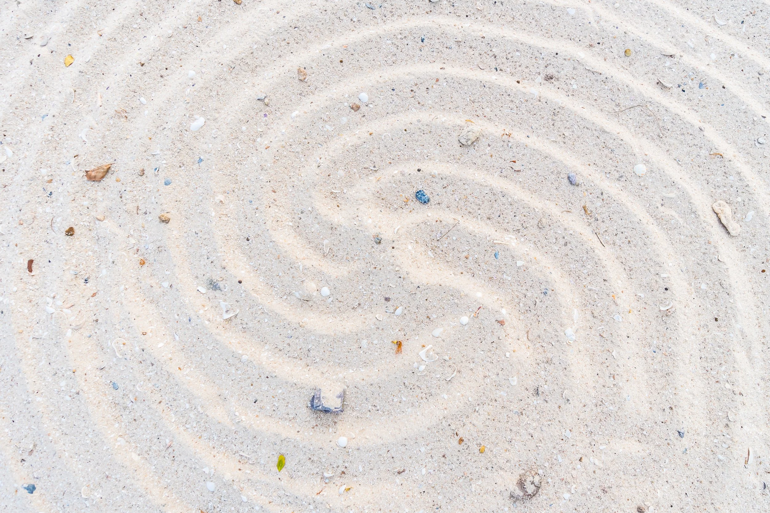 Close-up of sandy ground with concentric circular patterns, small rocks, shells, and scattered debris.