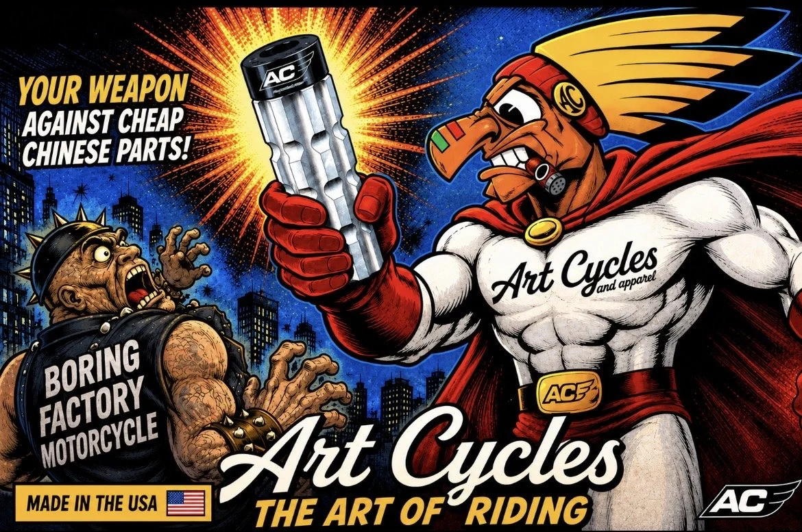 A comic-style illustration of a muscular, cartoonish Native American warrior with a yellow and black feather headdress, holding a shiny motorcycle engine part. He wears a white muscle shirt with black text "Art Cycles" and a red cape. Opposite him is