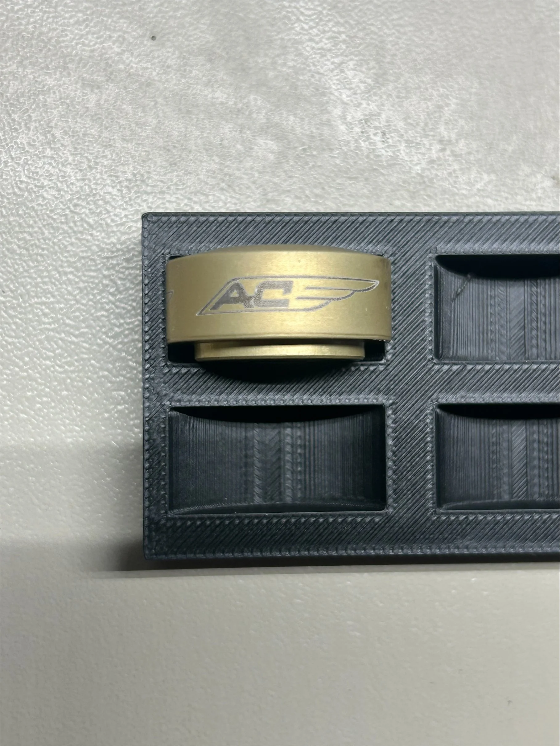 Close-up of a black plastic panel with a small metallic gold cylindrical component featuring the letters 'ACS' and a stylized wing logo.